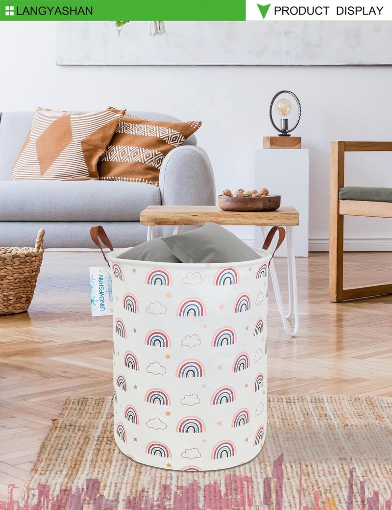LANGYASHAN Laundry Basket Canvas Fabric Collapsible Organizer Basket for Storage Bin Toy Bins Gift Baskets Bedroom Clothes Children Nursery Hamper (Round Cloud Rainbow) - Image 4
