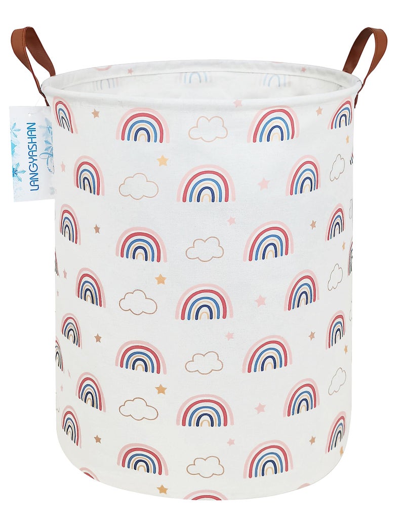 LANGYASHAN Laundry Basket Canvas Fabric Collapsible Organizer Basket for Storage Bin Toy Bins Gift Baskets Bedroom Clothes Children Nursery Hamper (Round Cloud Rainbow) - Image 1