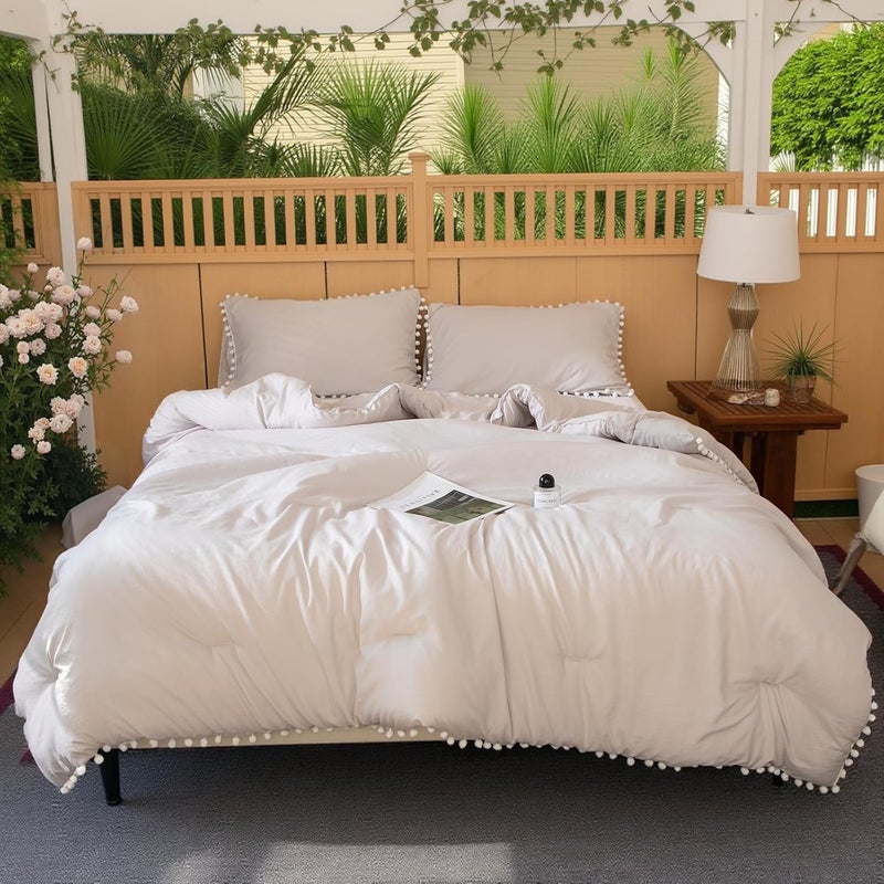 Bedbay Pom Pom Comforter Twin Bed Set Beige Comforter Boho Bedding Duvet Set Aesthetic Room Decor for Kids Boys Girls Ultra Soft Lightweight Down Alternative Comforter Twin Bedding Set(Beige,Twin) - Image 5