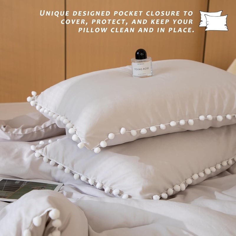 Bedbay Pom Pom Comforter Twin Bed Set Beige Comforter Boho Bedding Duvet Set Aesthetic Room Decor for Kids Boys Girls Ultra Soft Lightweight Down Alternative Comforter Twin Bedding Set(Beige,Twin) - Image 4