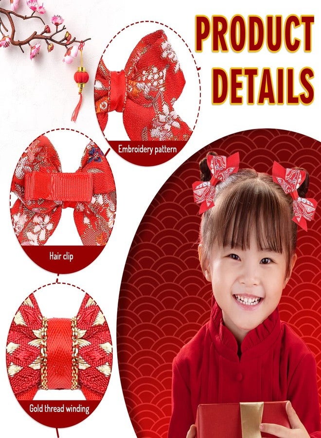 وولاين مجموعة والين من 3 أزواج من مشابك الشعر الحمراء ذات الطراز الصيني، مزينة بفيونكات مطرزة، مثالية لرأس السنة الجديدة، ومناسبة للأطفال الرضع والصغار، ولأعياد الميلاد ورأس السنة الصينية. - Image 3