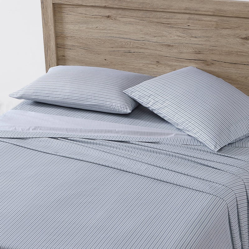 Eddie Bauer  Full Sheets Cotton Percale Bedding Set Crisp  Cool Home Decor Dorm Room Essentials Ticking Stripe Light Blue Full