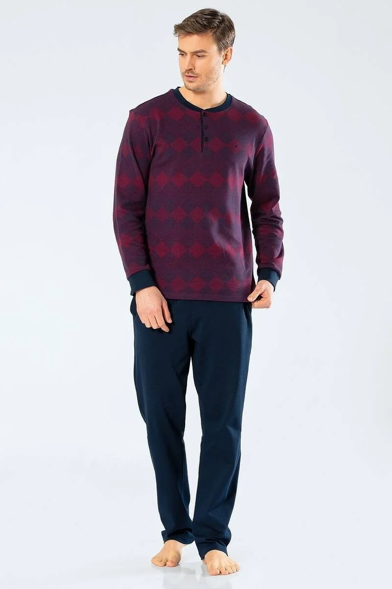cacharel Men's Jacquard Checkered Plaid Pajama Set Claret Red