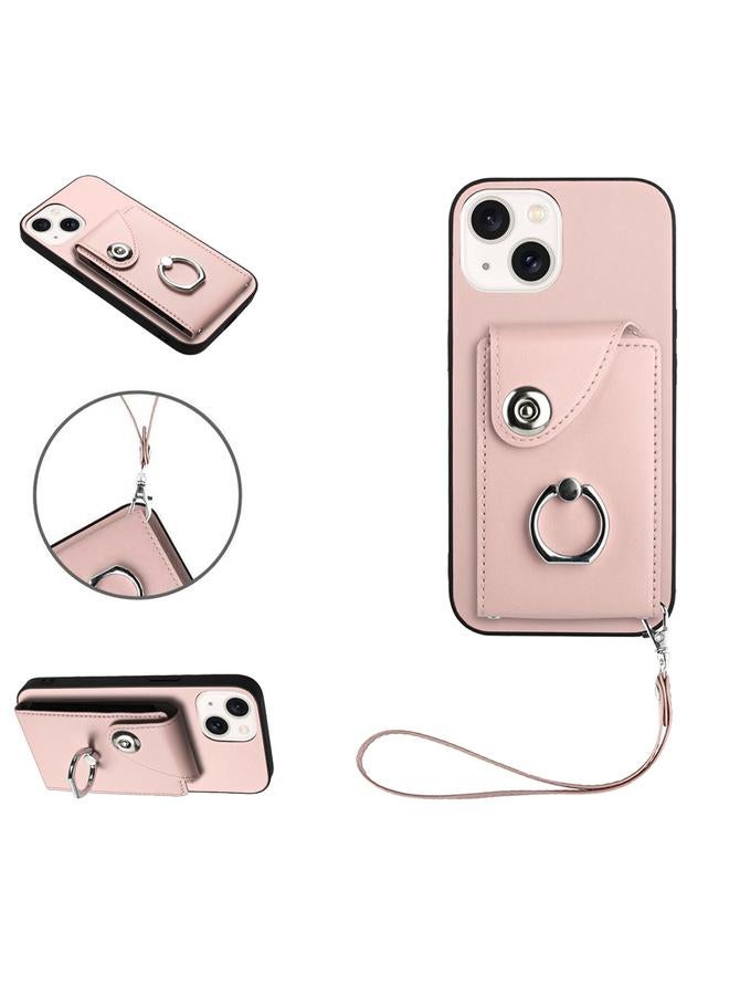 S-TOP Case For iPhone 14 Plus Organ Card Bag Ring Holder PU Phone Case with Lanyard - Image 1