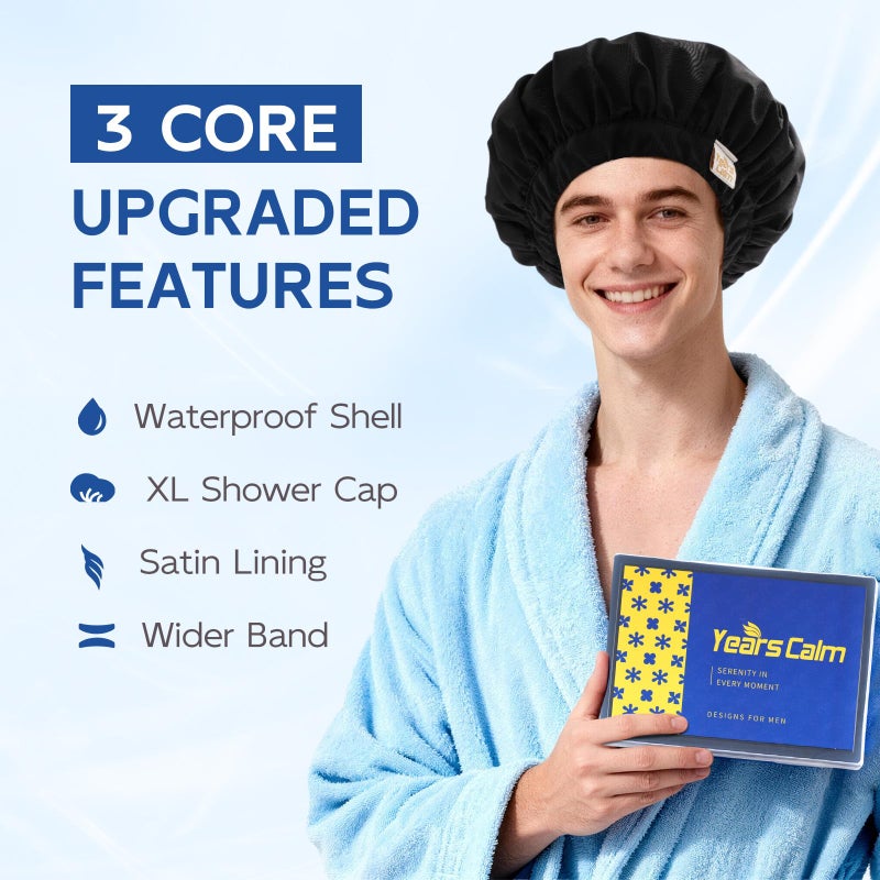 Years calm Shower Cap for Men Waterproof Reusable - Fashion Dual-Layer Design, Adjustable Elastic Band for Long & Curly Hair, XL Bath & Spa Cap for Travel, Satin Lined Shower Cap Black - Image 3