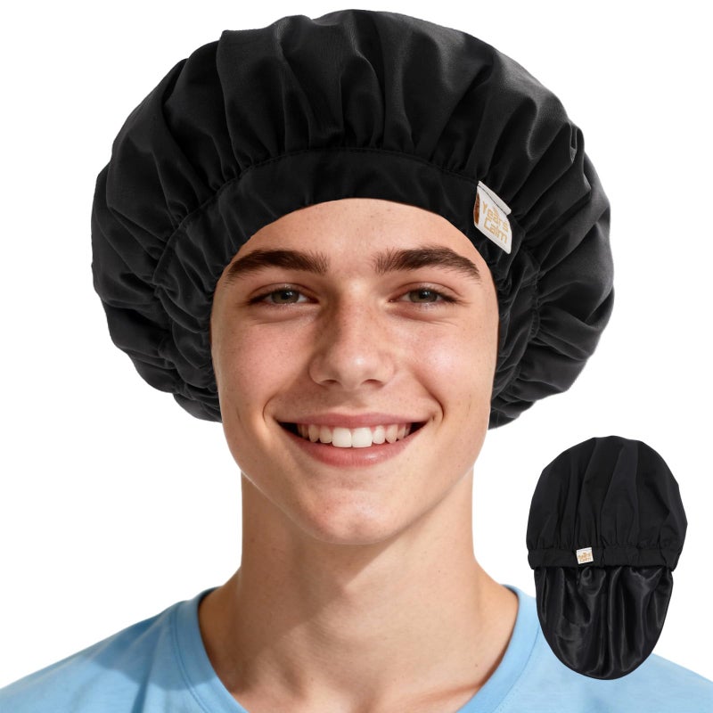 Years calm Shower Cap for Men Waterproof Reusable - Fashion Dual-Layer Design, Adjustable Elastic Band for Long & Curly Hair, XL Bath & Spa Cap for Travel, Satin Lined Shower Cap Black - Image 1