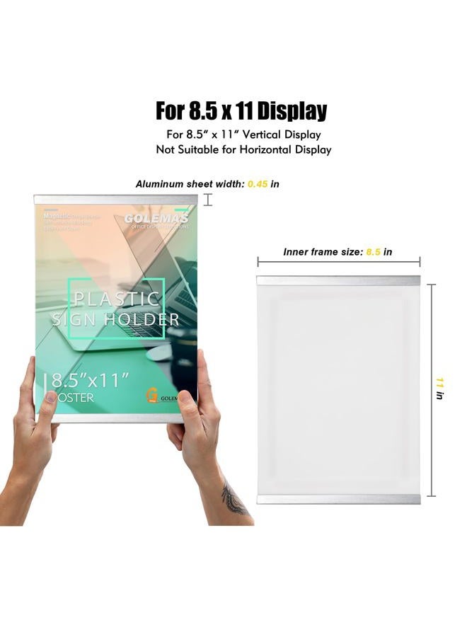 Golemas Acrylic Magnetic Sign Holder, Easy-Opening 8.5 x 11 Wall Mount Display Frames, Self Adhesive Back Plastic Clear Document Frame, Silver Aluminium Strips Frame (8.5 x 11, 12Pack) - Image 2