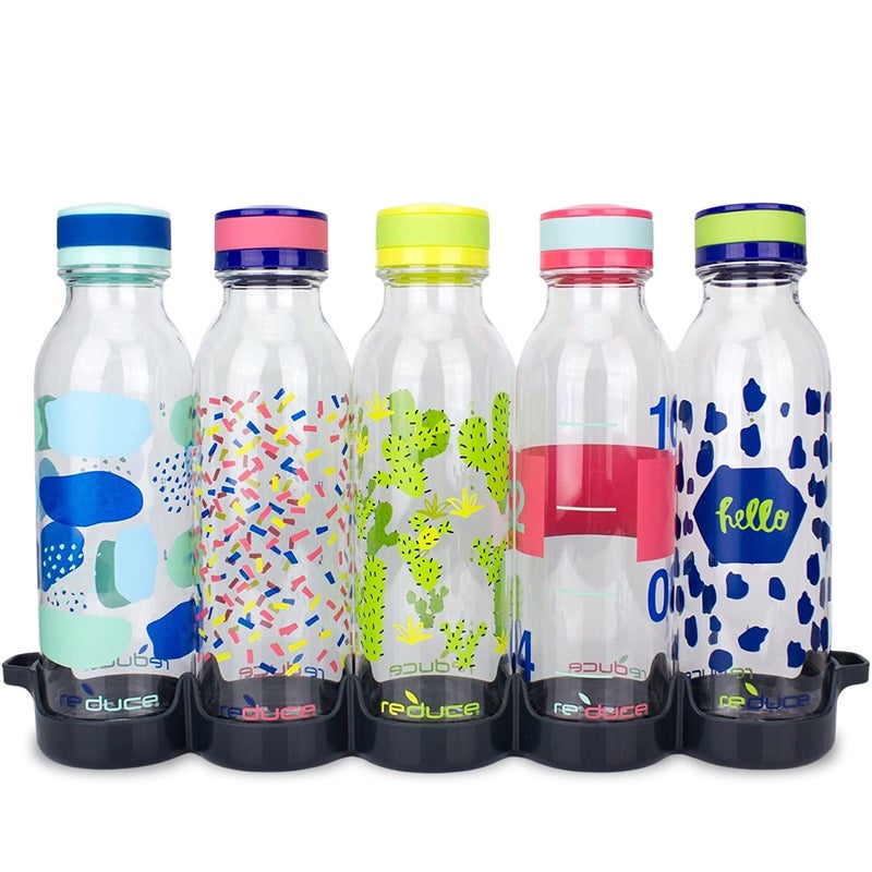 Reduce WaterWeek Reusable Water Bottle Set  20oz - Plastic Reusable Water Bottle Set of 5  Plus Fridge Tray - BPA-Free  Leak Proof Twist Off Cap - Bliss - Image 1