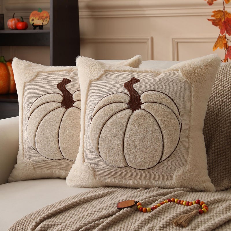 Allorry Fall Pillow Covers 18x18 Set of 2 Fall Beige Pumpkin Embroidery Throw Pillow Covers Soft Plush Faux Fur Cushion Covers for Sofa Bedroom Living Room Autumn Thanksgiving Home Decor PT010A18 - Image 2