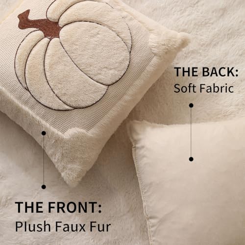 Allorry Fall Pillow Covers 18x18 Set of 2 Fall Beige Pumpkin Embroidery Throw Pillow Covers Soft Plush Faux Fur Cushion Covers for Sofa Bedroom Living Room Autumn Thanksgiving Home Decor PT010A18 - Image 3
