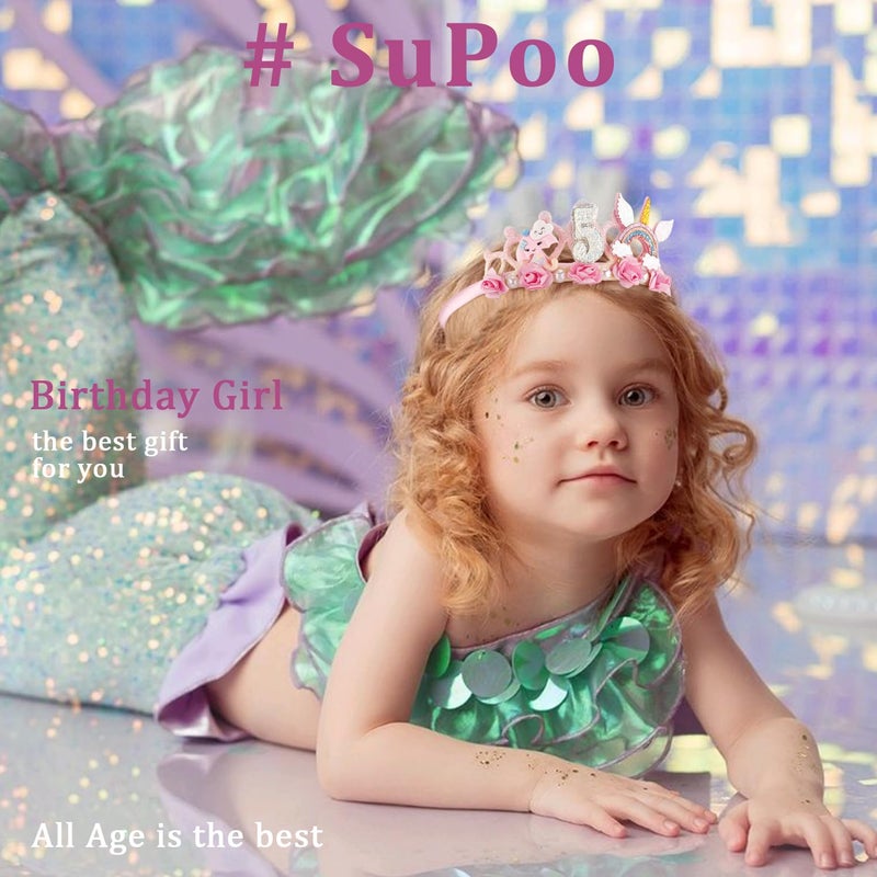 SuPoo 5th Birthday Headband - Pink Flower Crown for Girls' 5th Birthday Party - Cute Princess Tiara Accessory Gift - Image 3