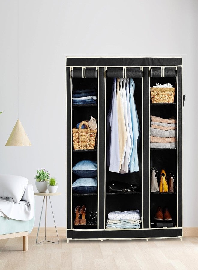 OBBO 3-Door Wardrobe Foldable Collapsible Portable Closet for Clothes Almira, 1 Hanging Space, 10 Shelves Non-Woven Fabric-162 Cm, 44 Cm, 138 Cm-Black - Image 1