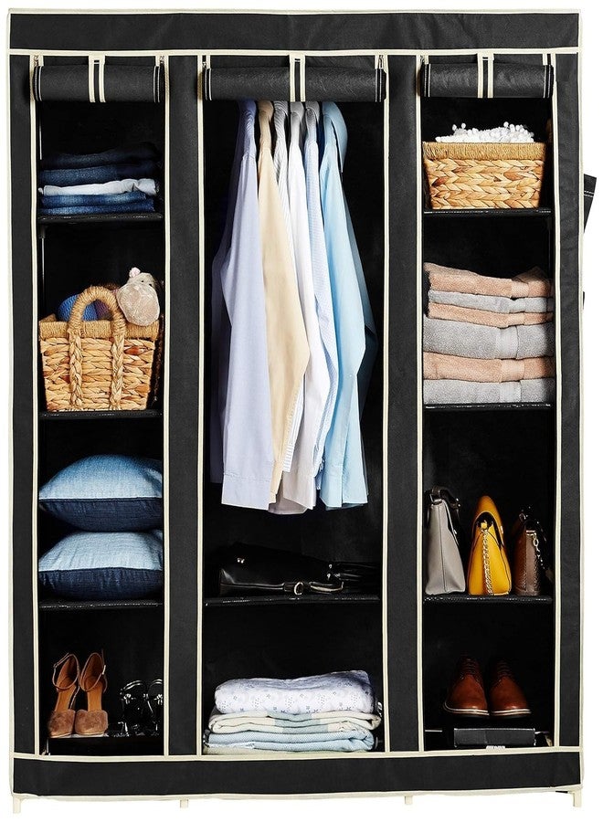 OBBO 3-Door Wardrobe Foldable Collapsible Portable Closet for Clothes Almira, 1 Hanging Space, 10 Shelves Non-Woven Fabric-162 Cm, 44 Cm, 138 Cm-Black - Image 2