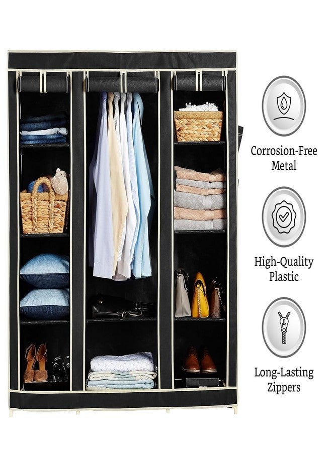 OBBO 3-Door Wardrobe Foldable Collapsible Portable Closet for Clothes Almira, 1 Hanging Space, 10 Shelves Non-Woven Fabric-162 Cm, 44 Cm, 138 Cm-Black - Image 4