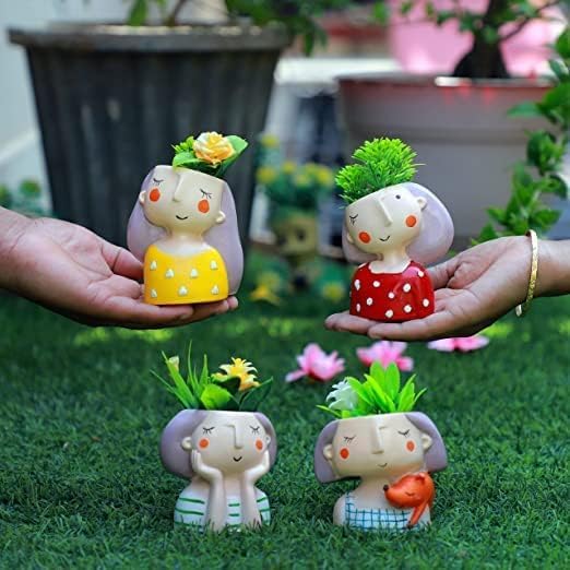 Pancikaa Resin Succulent Planter Multicolor 4 Girls | Indoor & Outdoor Flowerpot Container Set | Handicraft Planter for Home, Garden, Office & Desktop | Handmade Creative Plant - Without Planter - Image 5