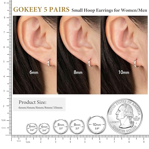 Gokeey 5 Pairs Small Silver Hoop Earrings Set, Cute Helix Huggie Earrings for Women Men, Hypoallergenic 316L Stainless Steel Tiny Cartilage Earrings Hoop Silver Hoop Earrings for Multiple Piercing Jewelry Gift 6mm 6mm 8mm 8mm 10mm - Image 3