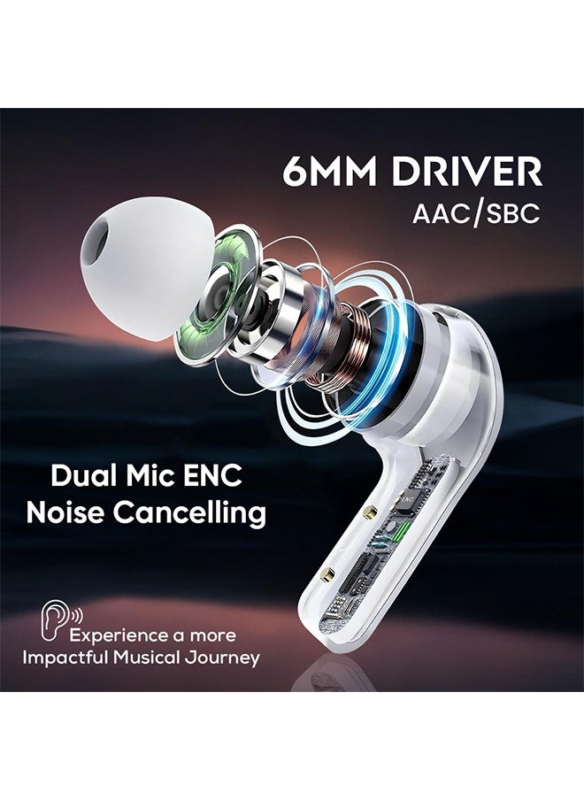 iCruze - TWS Earbuds with Digital Battery Display, Dual Mic ENC Noise Cancelling, 6mm Drivers, IPX7 Waterproof, Voice Assistant, Touch Control, Up to 6 Hours Playtime, 250mAh Battery - White - Image 1