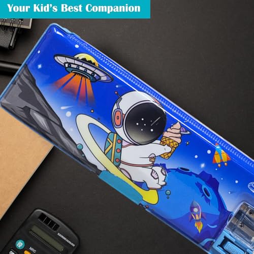 Sidak Plastic Space Themed Pencil Box, Inbuilt LED Light with 2 Compartments and Dual Sharpener, Magnetic Lock, Pencil Box for Kids (Blue) - Image 4