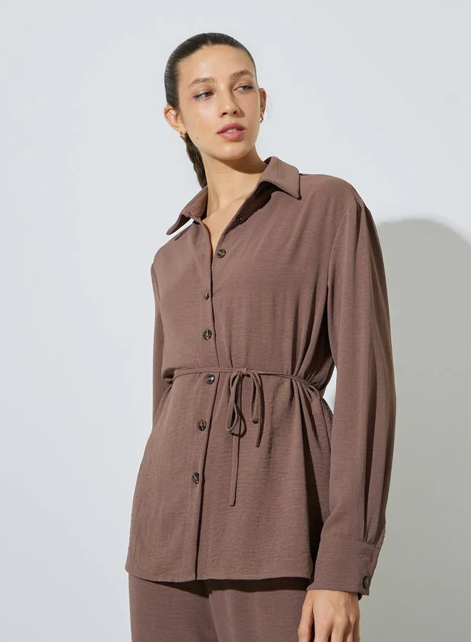Styli Brown Longline Shirt and Wide Leg Pants Co-Ord Set