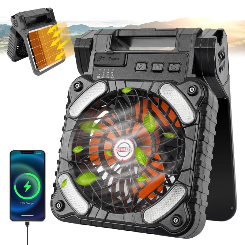 Solar Powered Fan Camping with LED Light 7 10400mAh Portable Camping Fans with 4W Solar Panel Rechargeable Battery Operated Tent Fan for Outdoor Car RV Hurricane