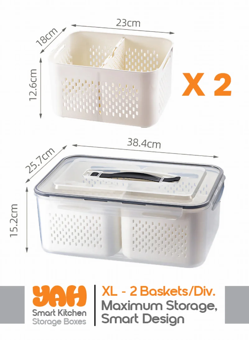 YAH Creation YAH XL Smart Kitchen Storage Box - Airtight, Microwave & Freezer Safe. Fridge & Pantry Organizers - Durable Containers - Draining Baskets (2 Draining Baskets & 2 Dividers)