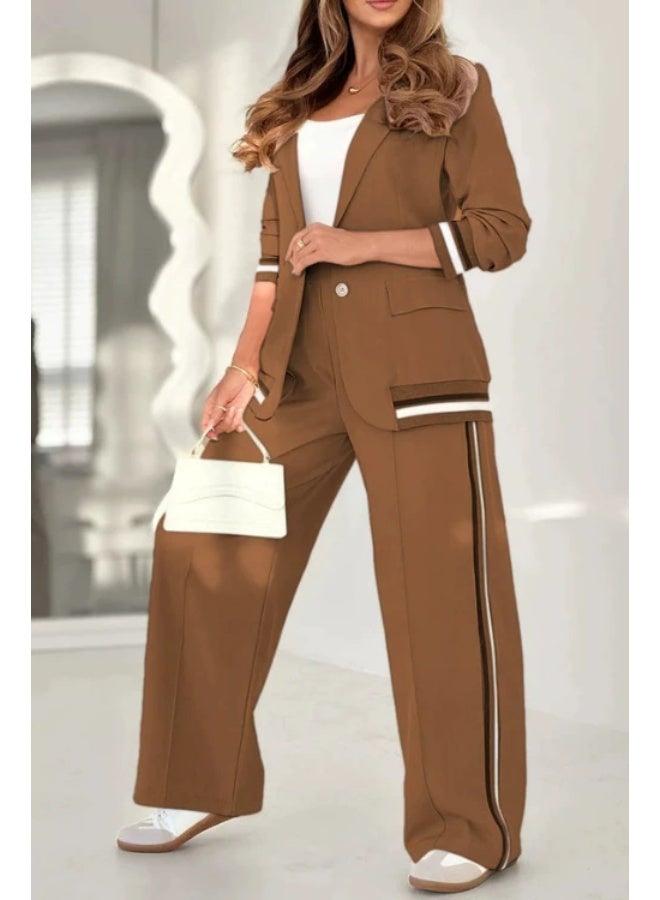 general Blazer Sets Women 2 Piece Outfits Ribbed Sets One Button Blazer and Wide Leg Pants Suits Casual Business Outfits - Image 1