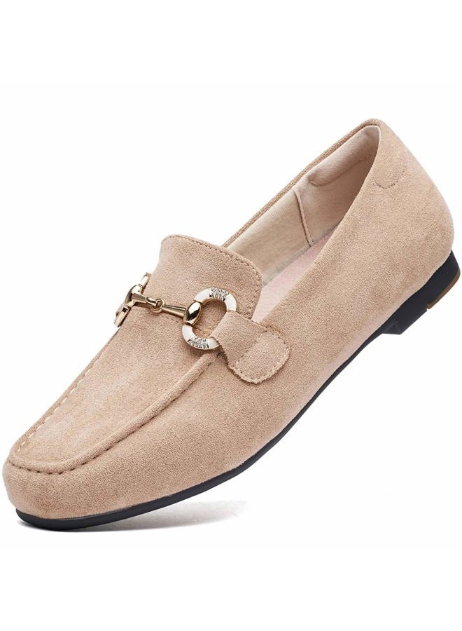 DeYashopin Womens Loafers Shoes Fashion Low Heel Slip on Shoes Comfortable Driving Flats, Beige Suede, 8 - Image 1