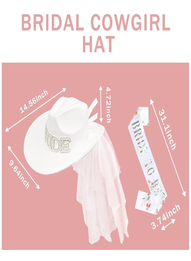JIANGLAI Bride Cowgirl Hat with Veil and Bride to Be Sash 2 Pcs, White Cowboy Hat for Women Bachelorette Party Accessories Country Wedding, Bridal Shower - Image 2