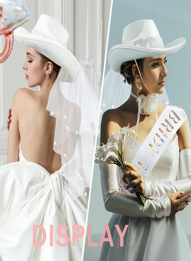 JIANGLAI Bride Cowgirl Hat with Veil and Bride to Be Sash 2 Pcs, White Cowboy Hat for Women Bachelorette Party Accessories Country Wedding, Bridal Shower - Image 5