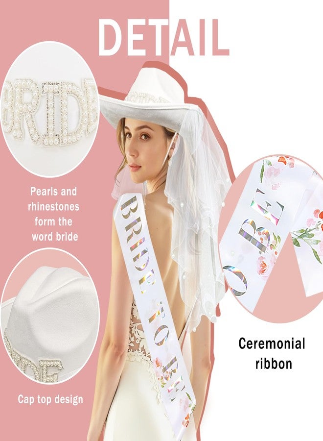 JIANGLAI Bride Cowgirl Hat with Veil and Bride to Be Sash 2 Pcs, White Cowboy Hat for Women Bachelorette Party Accessories Country Wedding, Bridal Shower - Image 3
