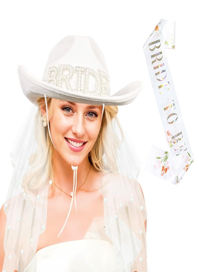 JIANGLAI Bride Cowgirl Hat with Veil and Bride to Be Sash 2 Pcs, White Cowboy Hat for Women Bachelorette Party Accessories Country Wedding, Bridal Shower - Image 1