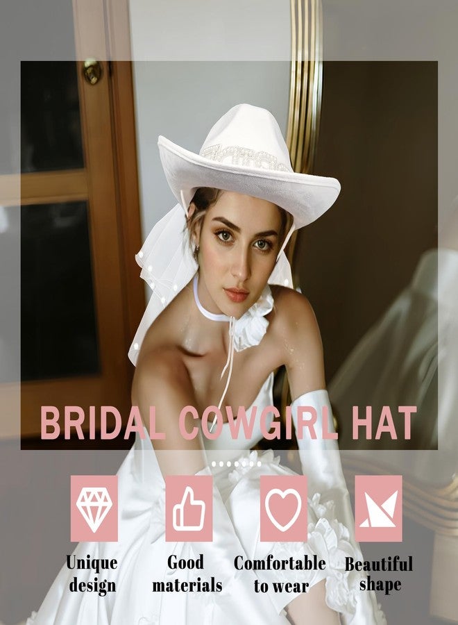 JIANGLAI Bride Cowgirl Hat with Veil and Bride to Be Sash 2 Pcs, White Cowboy Hat for Women Bachelorette Party Accessories Country Wedding, Bridal Shower - Image 4