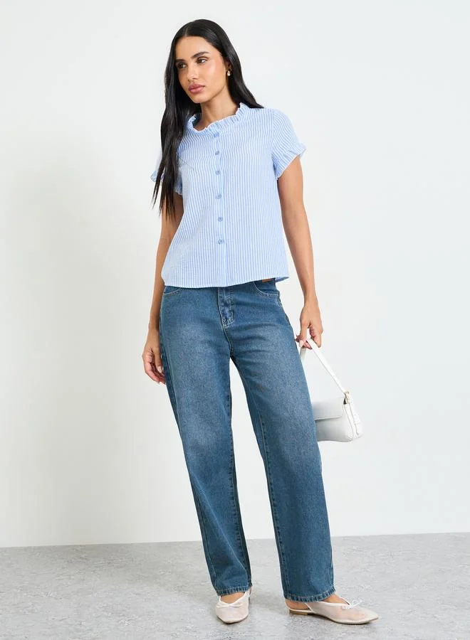 Take Two Striped Short Sleeve Ruffle Shirt