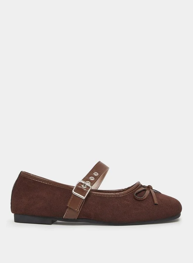 Brown Square Toe Suede Look Ballerinas