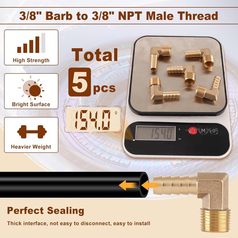 boeray 5pcs Brass Hose Barb Fittings 90 Degree Elbow 3/8 Inch to 3/8 Inch NPT Male Thread Air Hose Adapter Connector for Water Fuel Air Line - Image 5