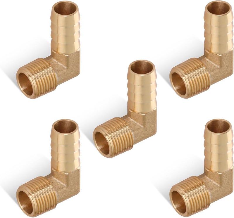 boeray 5pcs Brass Hose Barb Fittings 90 Degree Elbow 3/8 Inch to 3/8 Inch NPT Male Thread Air Hose Adapter Connector for Water Fuel Air Line - Image 1