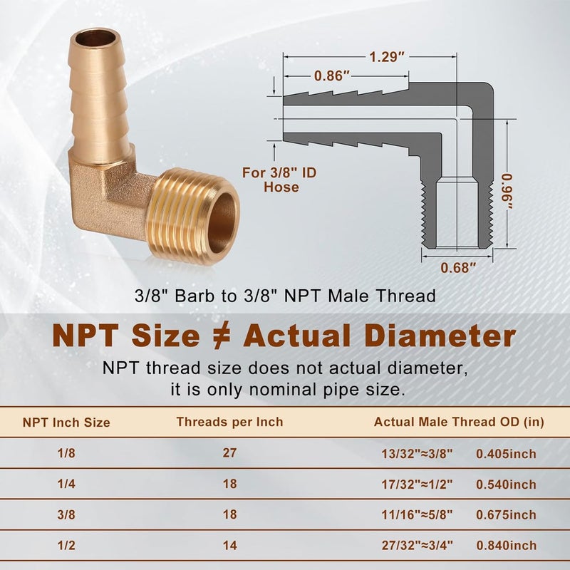 boeray 5pcs Brass Hose Barb Fittings 90 Degree Elbow 3/8 Inch to 3/8 Inch NPT Male Thread Air Hose Adapter Connector for Water Fuel Air Line - Image 2