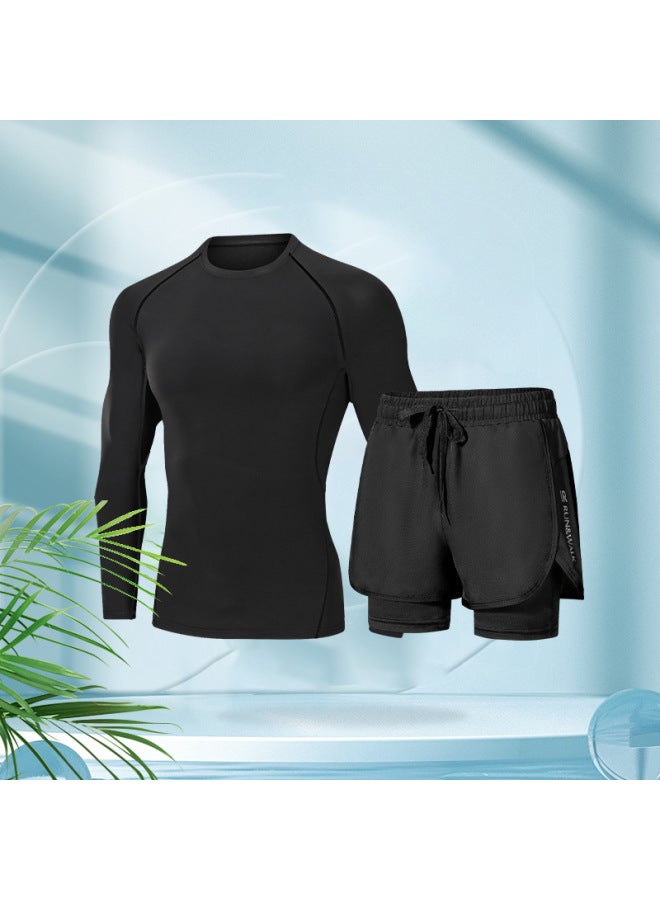 Loquat Swimwear Men's Summer Tight Quick-drying Clothes Ice Silk Sports Top Long-sleeved Double-layer Breathable Sunscreen Upper Body Swimsuit-Color:Swimming Two-piece Set 【sky High And Cool】 Long Sleeve-  - Image 1