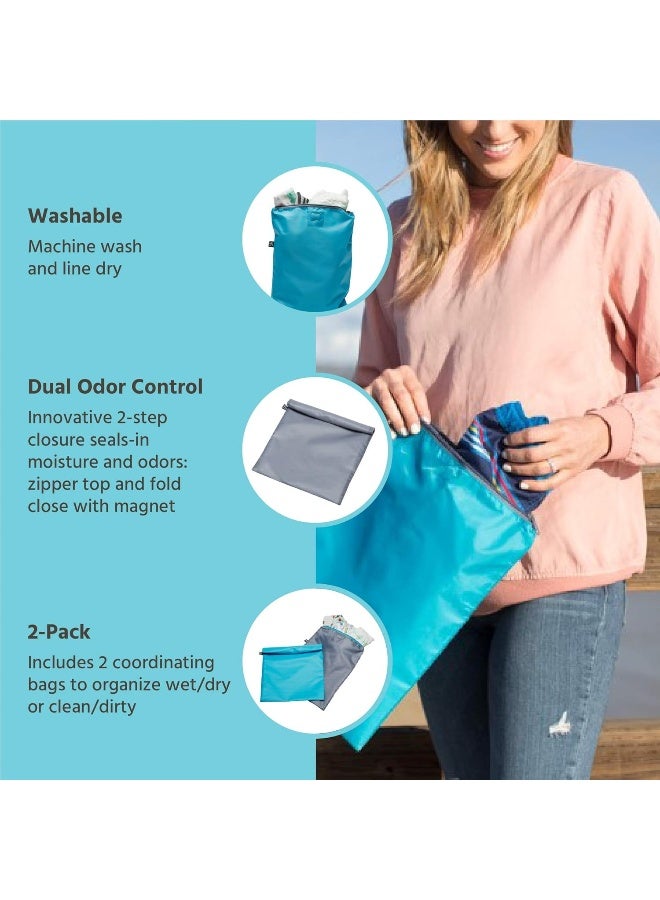 J.L. Childress J.L. Childress Wet-to-Go Portable Wet and Dry Bags, Waterproof and Leakproof, Machine-Washable, Reusable for Cloth Diapers, Wet Clothes, Swimsuits, and More. 2 Pack, Teal/Grey  - Image 2