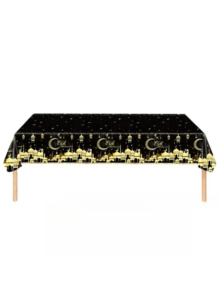 Black Gold Eid Mubarak Disposable Tableware Party Kit, Crescent Mosque Ramadan Paper Plates Cups Banner Tablecloth Supplies - Image 3