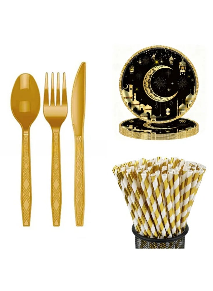 Black Gold Eid Mubarak Disposable Tableware Party Kit, Crescent Mosque Ramadan Paper Plates Cups Banner Tablecloth Supplies - Image 4