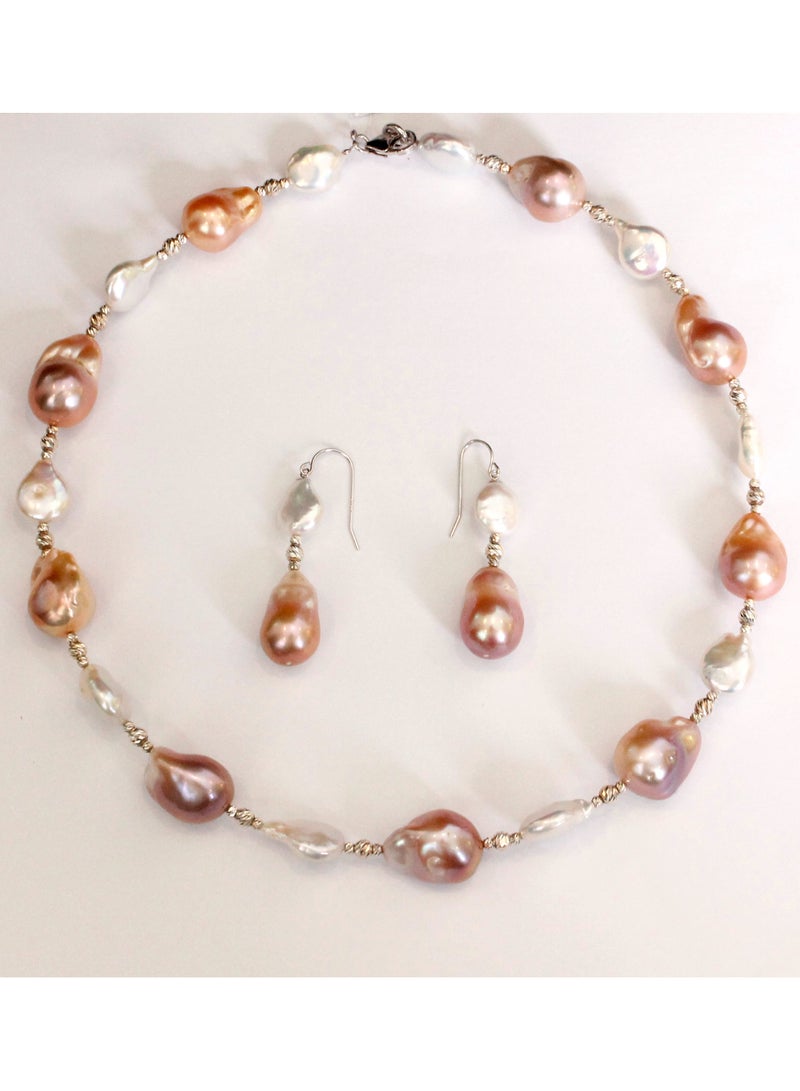 MIKURA Set (Necklace + Earrings) 1ST 48Cm, Freshwater Pearls, Natural Multi Color, 15.0-10.5MM, Agw 69.56Gms, Silver Findings - Image 1