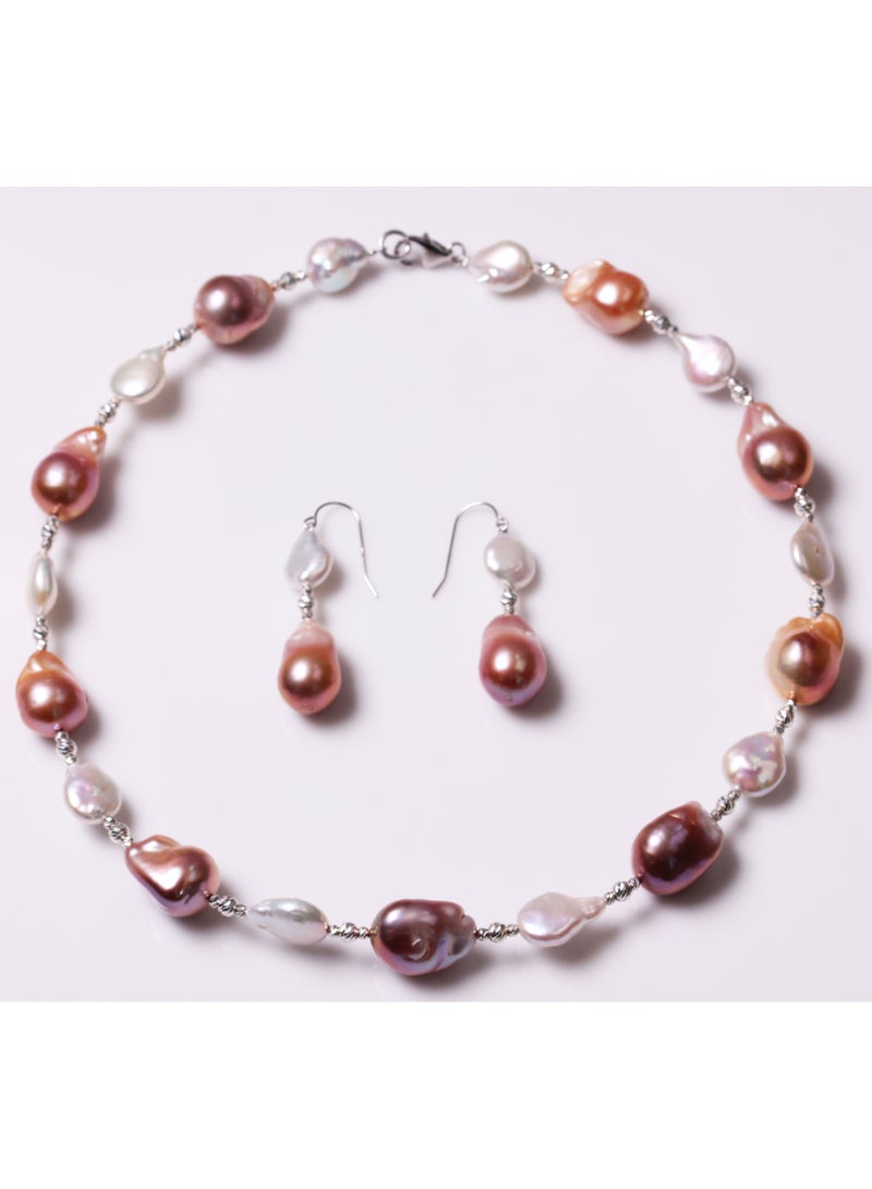 MIKURA Set (Necklace + Earrings) 1ST 48Cm, Freshwater Pearls, Natural Multi Color, 15.0-10.5MM, Agw 69.56Gms, Silver Findings - Image 2