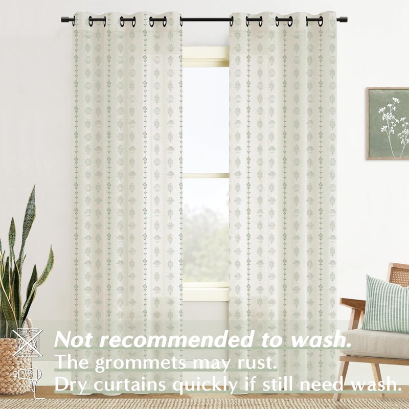 Lino Rosa Sage Green Linen Sheer Curtains 84 Inches Long Semi Light Filtering Whimsical Floral Feminine Coquette Leaf Curtains for Bedroom Living Room 2 Panels Set - Image 4