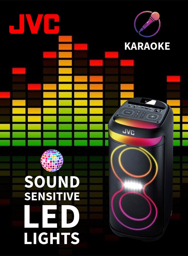 JVC Portable Bluetooth Party Speaker | 1200W PMPO Output | 3Hours Battery Backup | Builds In Sound Sensitive LED lights With portable Microphone XS-N4213PB Black - Image 2