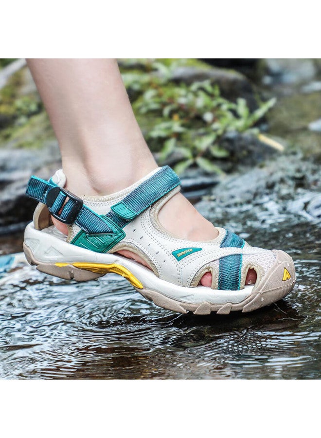 HUMTTO صنادل شاطئ صيفية، أحذية مثقوبة، للمشي في الهواء الطلق، تتبع مجاري المياه، صنادل رياضية مغلقة الأصابع للنساء، بيج/أخضر داكن، مقاس 39