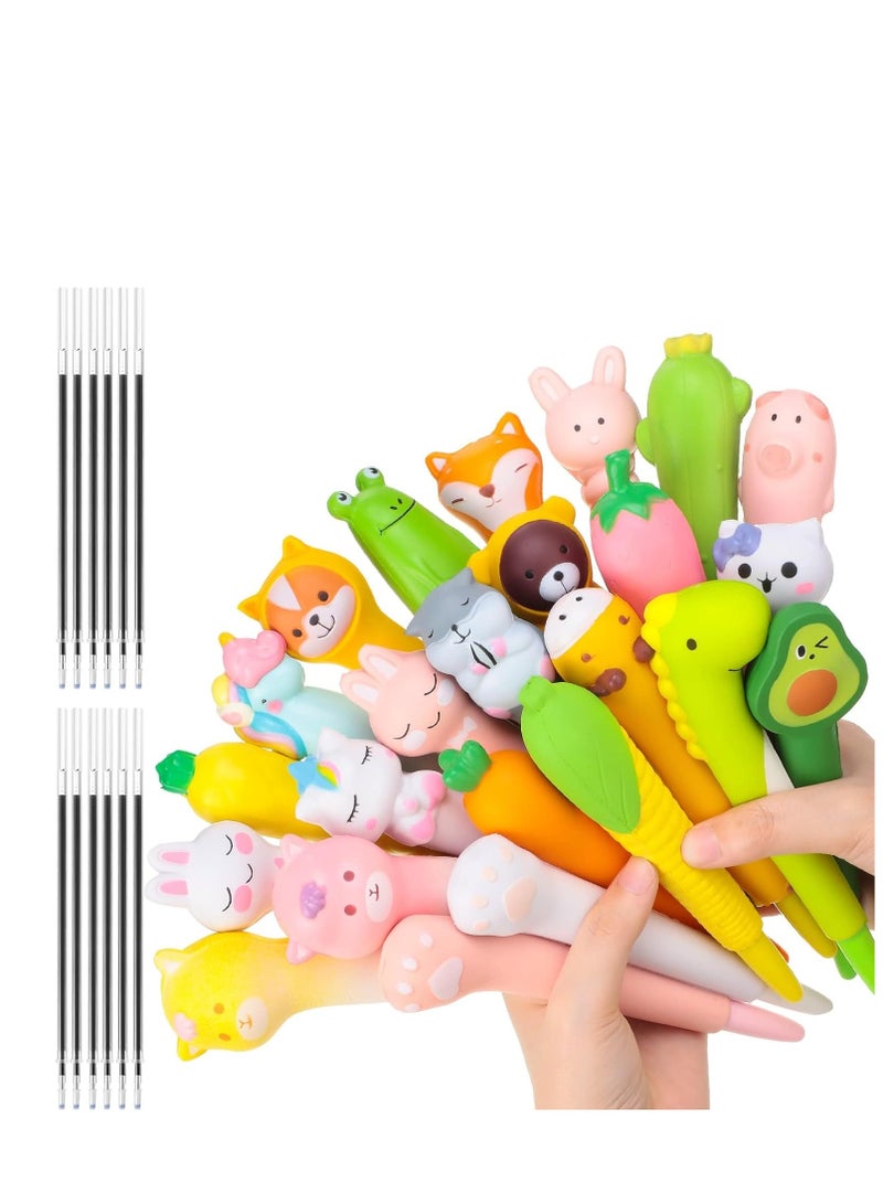 Black Ink Gel Pen Bulk, 24 Pcs Squishy and   Kawaii Pen Accessories For Girl Animal Fruit Shaped Stress Relief Supplies Gel Ink Pens for Kids Students School Office, Toys for Girls and Boy - Image 1
