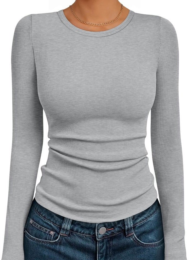 AUTOMET Women's Ribbed Long Sleeve Basic Top - Soft Stretch Crewneck Shirt for Work & Casual, Heather Grey, XL - Image 1