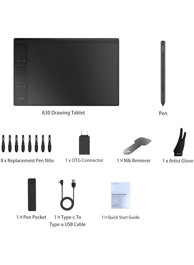 A30 V2 Graphic Tablet | 10 x 6 Inch Active Area | Battery-Free Stylus | 8192 Pressure Levels | Touch Keys + Gesture Pad | USB-C