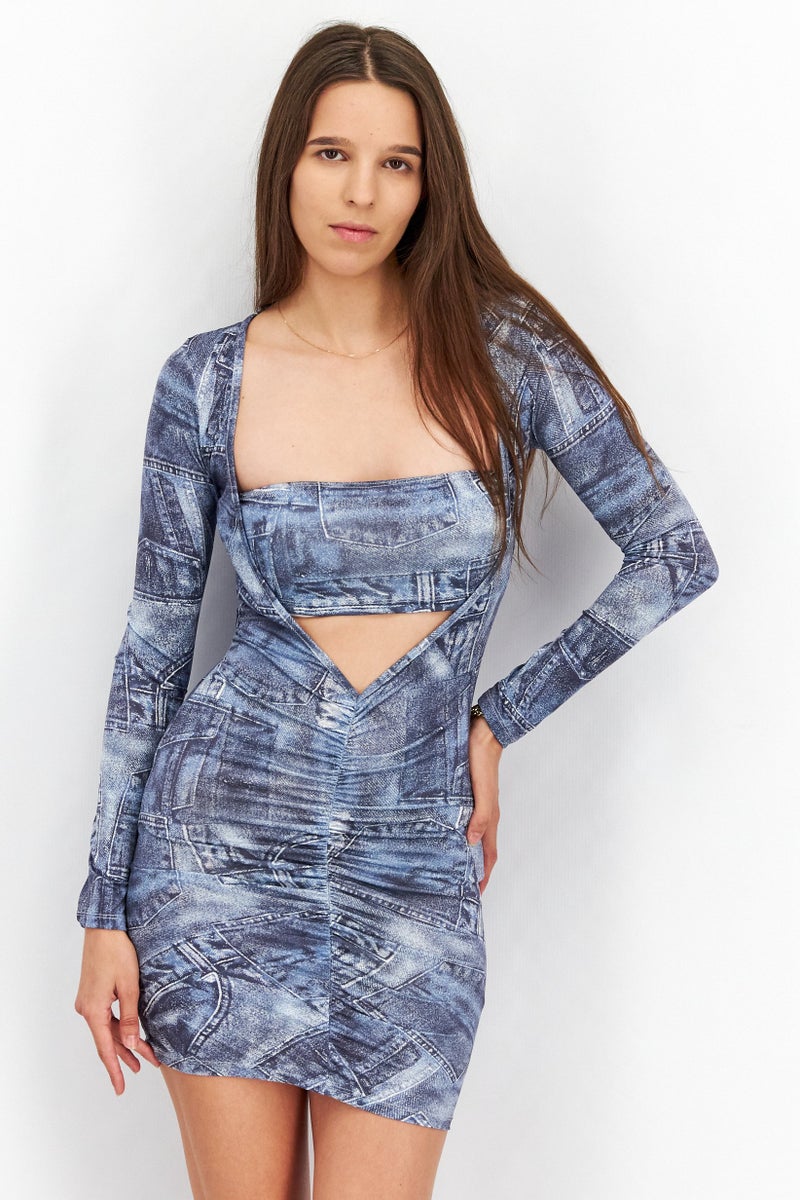 As You Women V Neck Mini Dress, Blue - Image 1